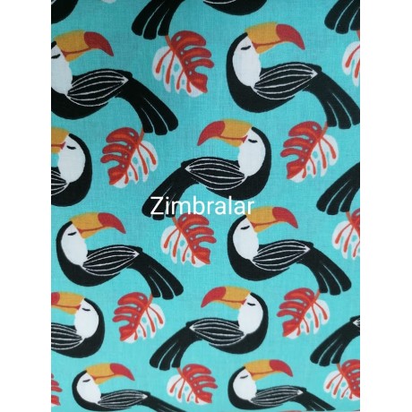 Tecido Popeline Turquesa Tucanos e Parras 1.50m largura, Le Tissu By Domotex Tecido Popeline Turquesa Tucanos e Parras 1.50m largura, Le Tissu By Domotex